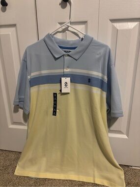 Izod Men’s Light Blue and Pale Yellow Striped Polo